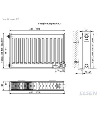 Стальной панельный радиатор Elsen Ventil тип 22 ERV, 500×500