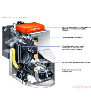 Конденсационный котел Viessmann Vitorondens 200-T тип BR2A с Vitotronic 200 тип KO2B, 35,4 кВт (с жидкотопливной горелкой Vitoflame 300, коаксиальная система, с забором воздуха для горения извне, вертикально)