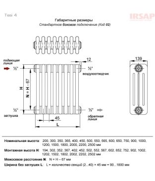Радиатор стальной трубчатый Irsap Tesi 4-1800 11 секц., боковое подключение, цвет белый
