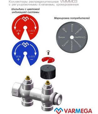 Коллектор с регулировочными клапанами Varmega VMMM03-C05153, 3/4", на 3 выхода 3/4" EK, хромированный