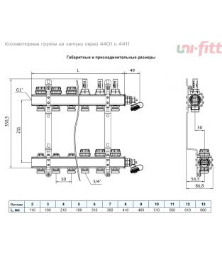 Коллекторная группа Uni-fitt серии 441I, 1", с регулирующими и термостатическими вентилями, 7 отводов 3/4" EK (латунь)