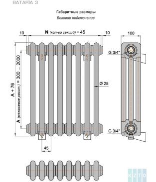 Стальной трубчатый радиатор КЗТО Bataria 3-1750-5 RAL 9016