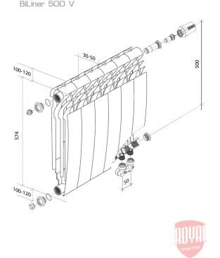 Биметаллический радиатор с нижним подключением Royal Thermo BiLiner 500 Bianco Traffico VR 4 секции (белый)