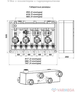 Термоизоляционный блок Varmega V-Box VMPG20-200003 с коллектором и гидравлическим разделителем, DN20, 3 контура