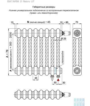 Стальной трубчатый радиатор КЗТО Bataria 2 Retro-1250-9 UT RAL 9016
