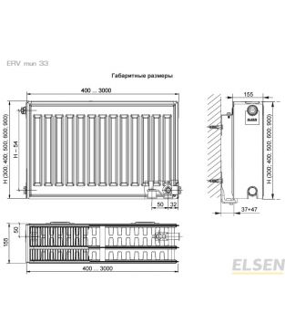 Стальной панельный радиатор Elsen Ventil тип 33 с нижним подключением