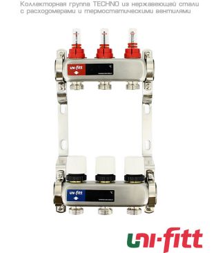 Коллекторные группы Uni-fitt TECHNO с расходомерами и термостатическими вентилями, нерж. сталь