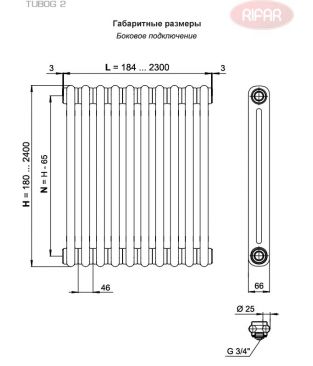 Радиатор стальной трубчатый Rifar TUBOG 2037-12 RAL 9016