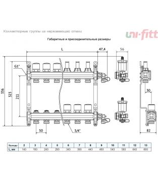 Коллекторная группа Uni-fitt 1" с регулирующими и термостатическими вентилями, с воздухоотводчиками, 4 контура, 3/4" EK (нерж. сталь)